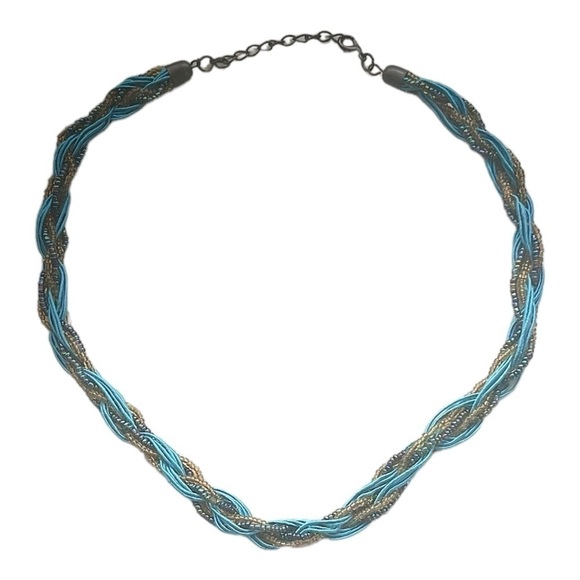 Braided vintage retro style turquoise gold and rainbow strands necklace 19 in - Picture 2 of 11